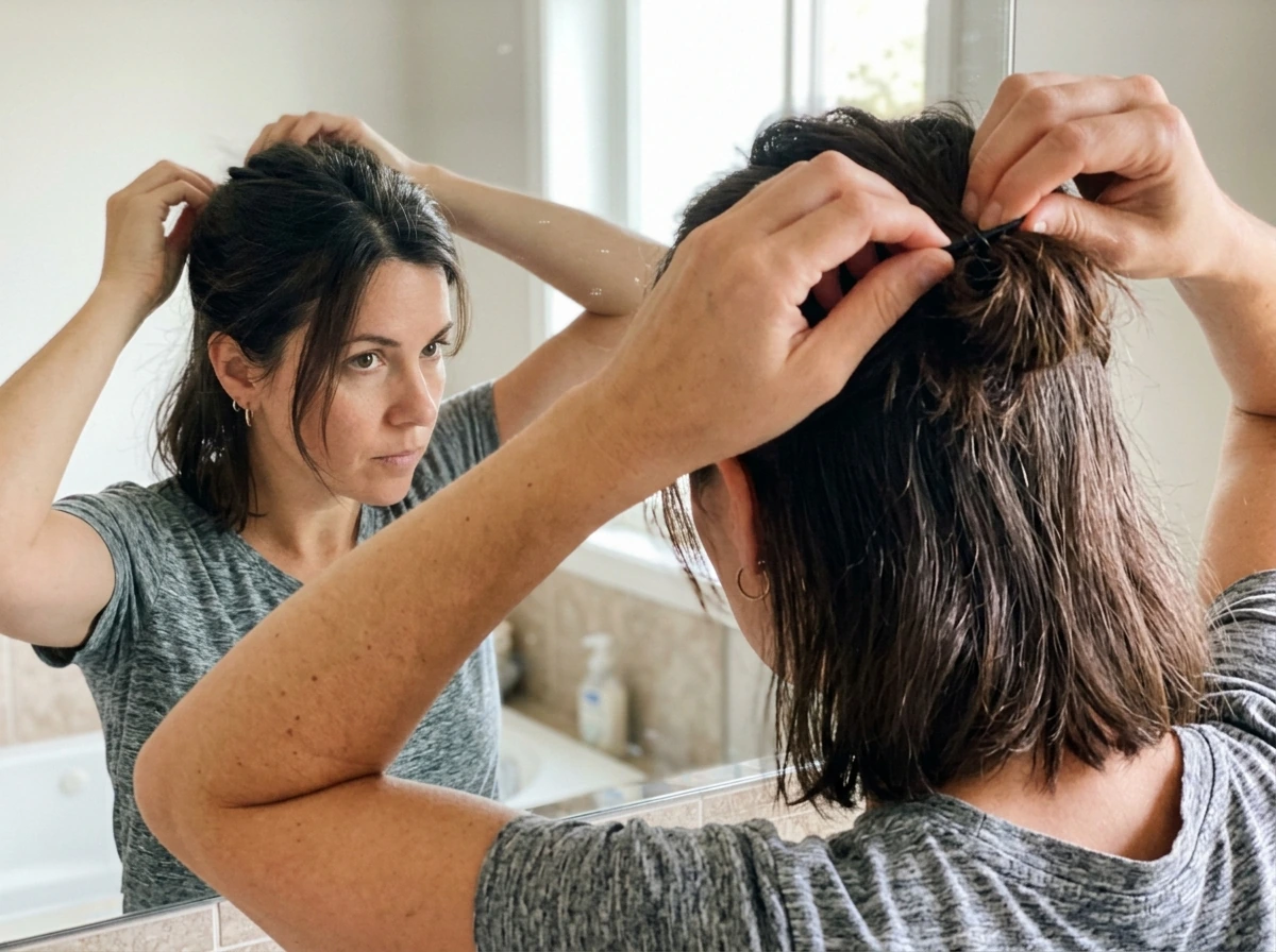 Awkward growth stage styling: half-up tie or small bun with sides cleaned