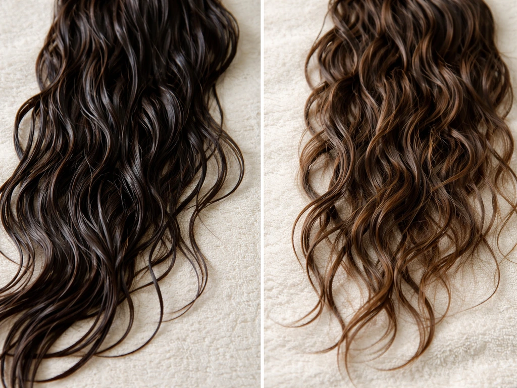 Wavy hair strands showing wet vs dry wave and shrinkage in a simple, minimal photo