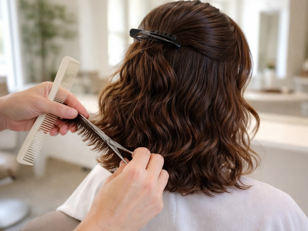 Hairstylist trimming dry wavy hair at the ends to preserve wave shape and avoid a triangle.
