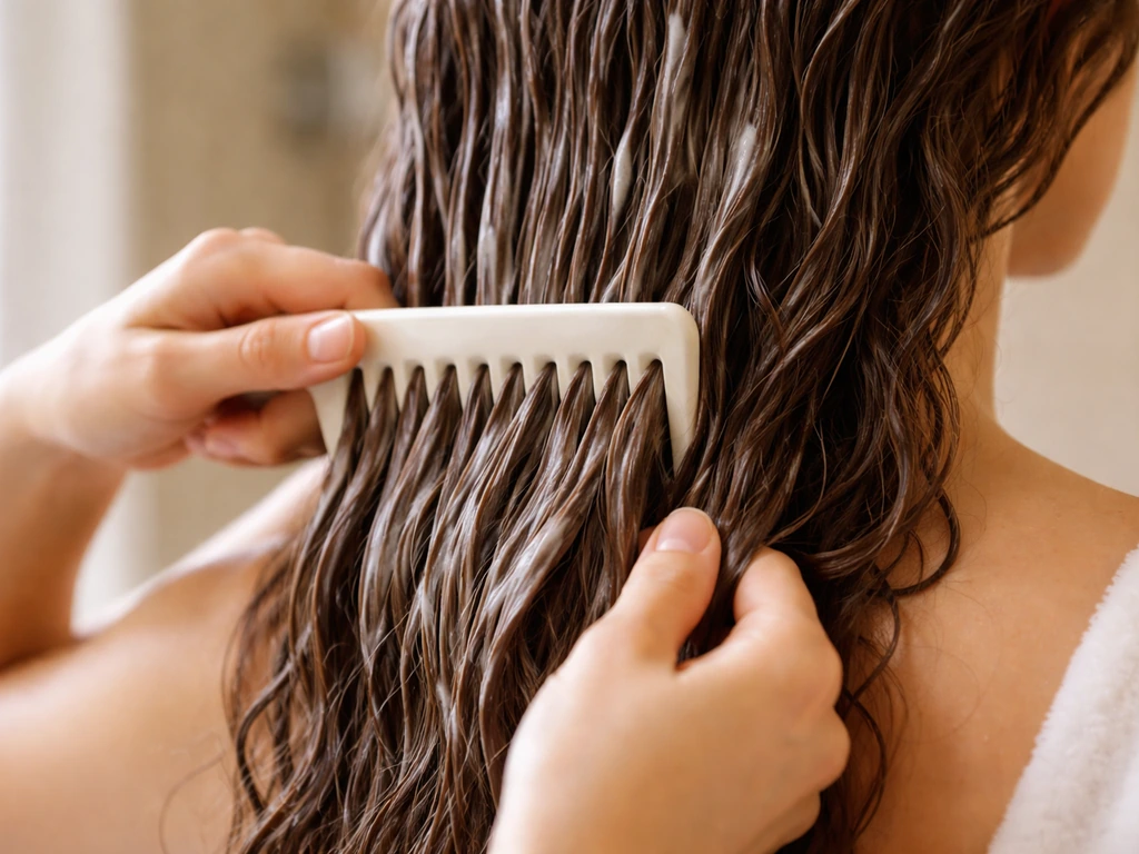 Wide-tooth comb gliding through smooth wavy hair with conditioned clumps and minimal breakage