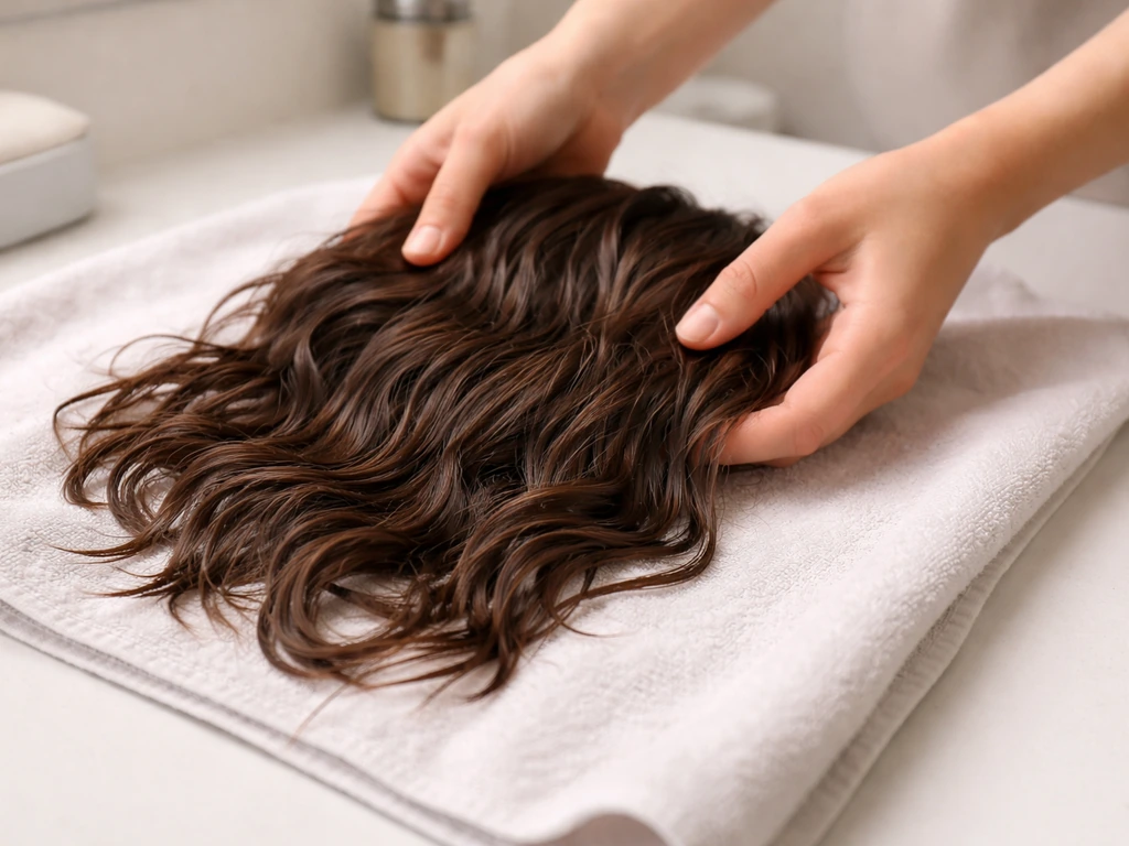 Hands plopping wavy hair onto a microfiber towel to reduce frizz and enhance wave set.
