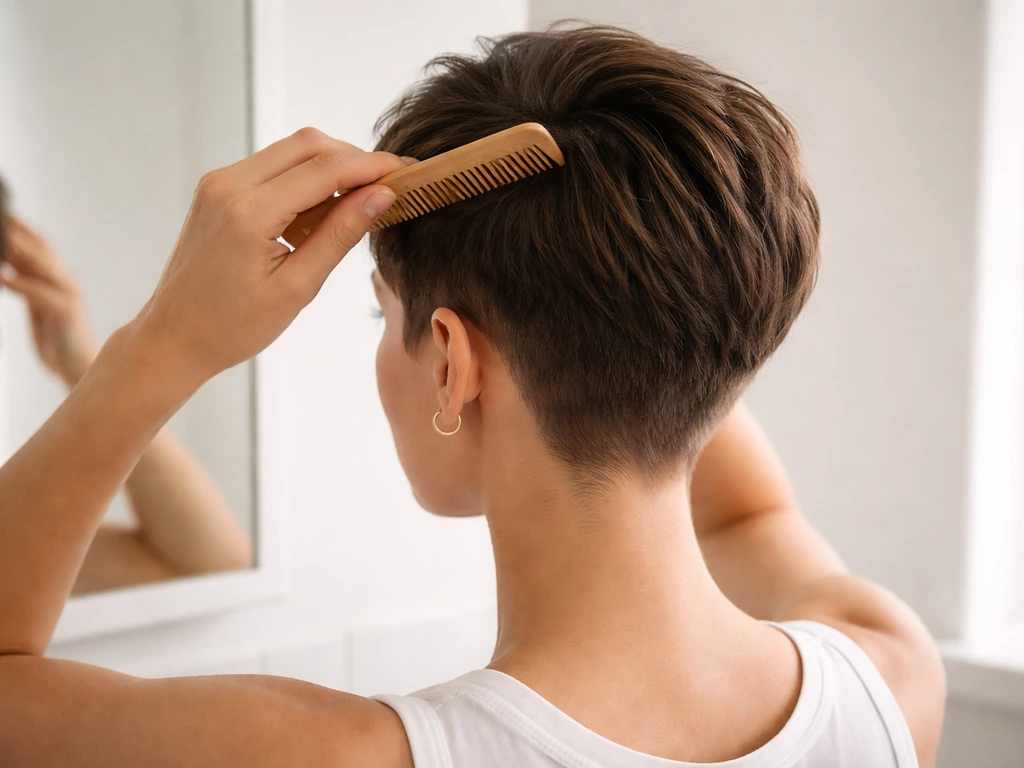 Woman in a bright bathroom holds a comb showing mid-grow-out pixie stages with longer sides.