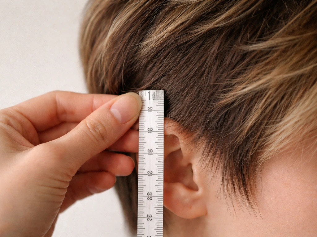 Hands measuring side hair growth with a soft tape measure showing about 1 inch / 13 mm.