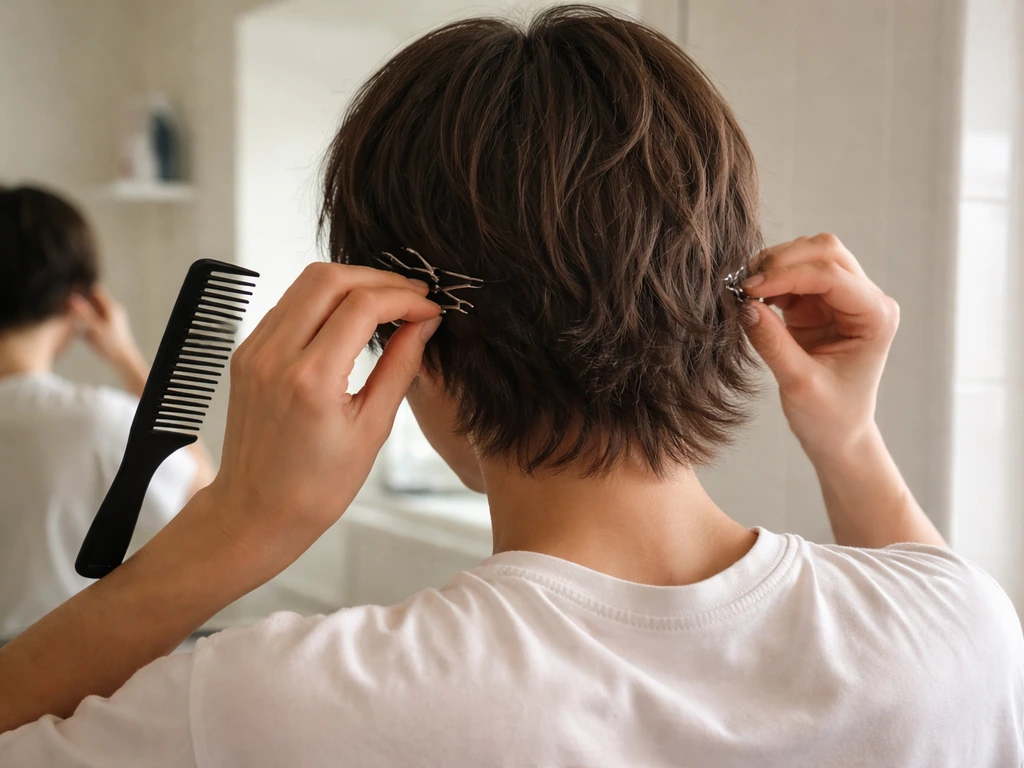 Anonymous person fixing awkward middle hair at the ears with a comb and small clips in a simple mirror setting.