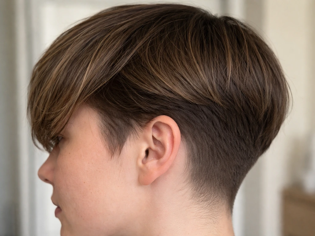 Close-up of a pixie haircut grow-out showing longer top and shorter undercut beneath