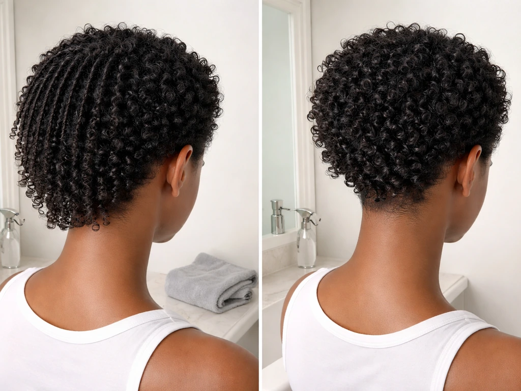 Person’s short curly hair shown stretched with a comb and natural shrinkage in a simple bathroom setting