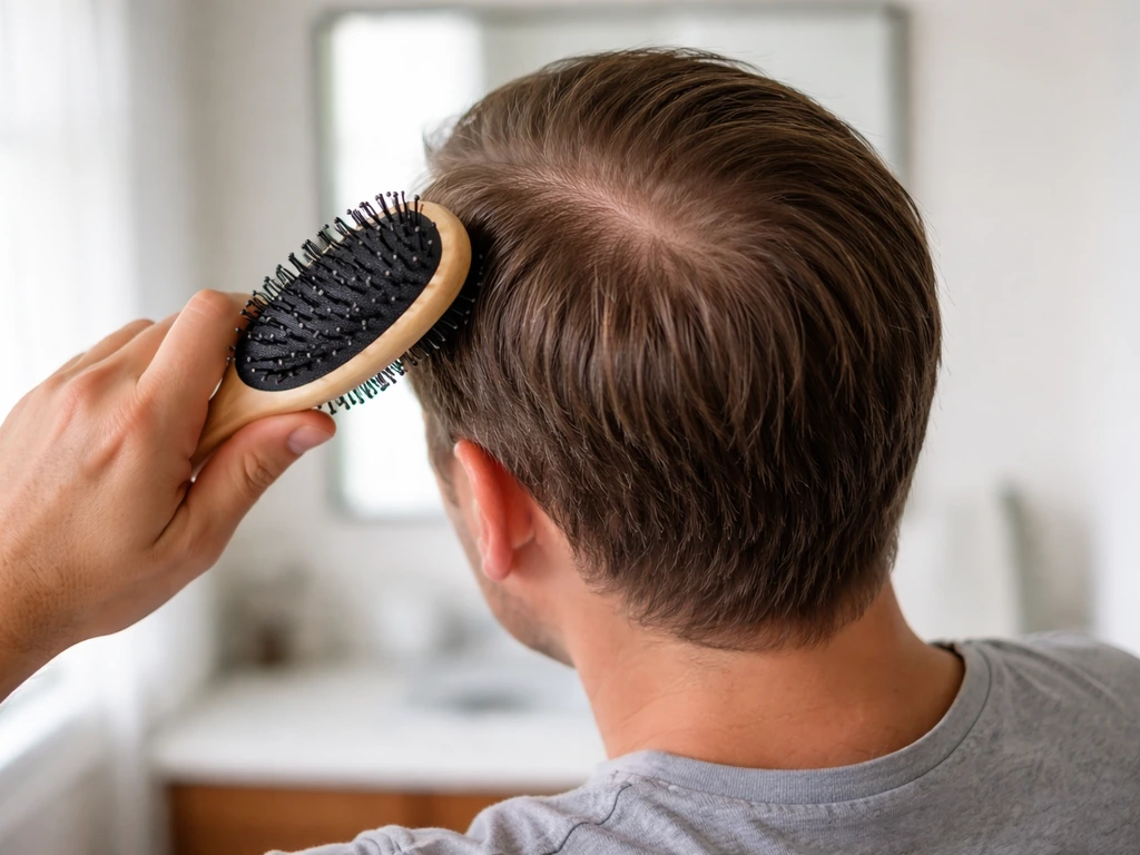 Person brushing hair to the side with a tidy part showing mild scalp show-through