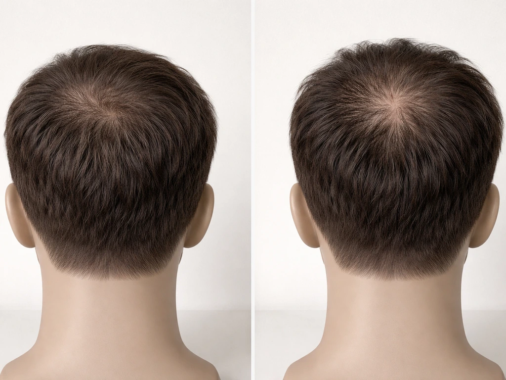 Two minimal mannequin heads showing mild even thinning vs severe concentrated thinning with simple styling cues.