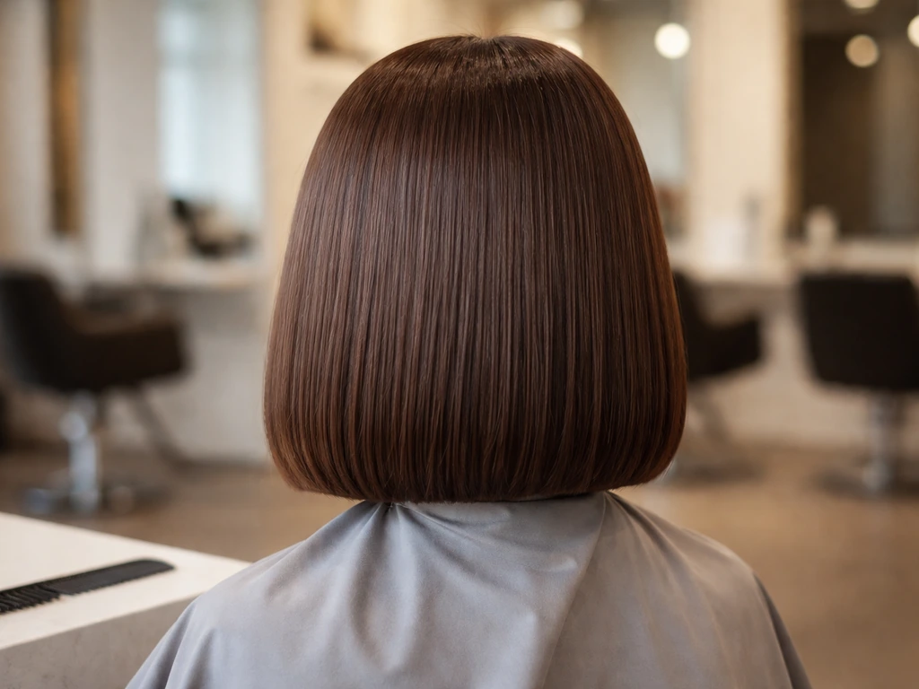 Straight-edged blunt bob/lob on a salon cape, ends trimmed blunt for visible fullness.