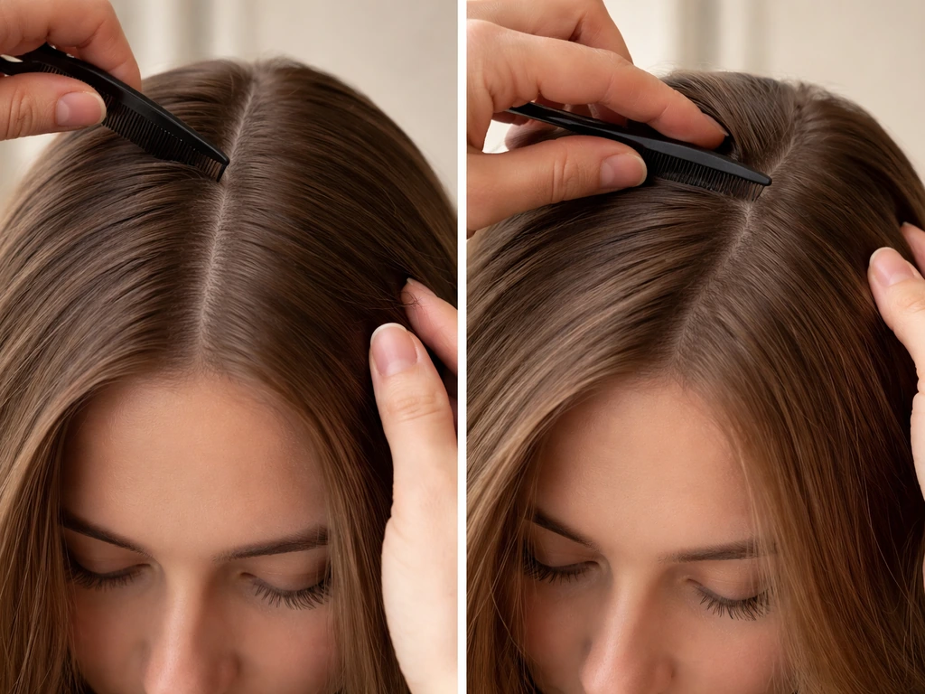 Close-up hair styling showing center part shifting to side part with visible scalp coverage change at roots.