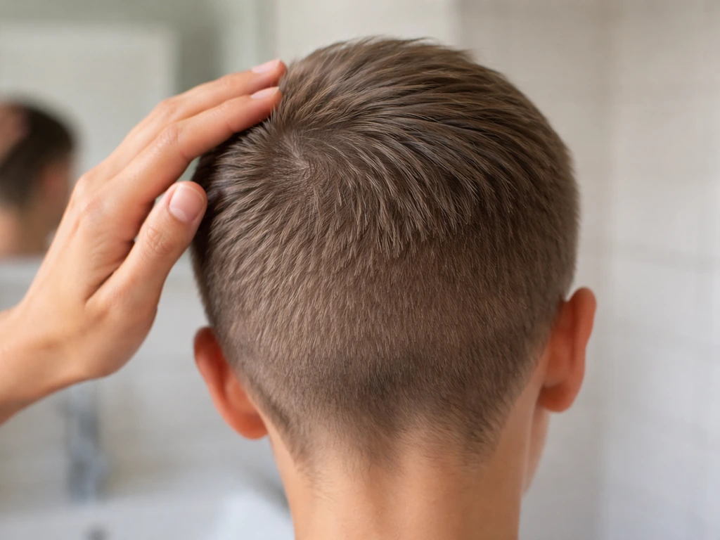 Close-up of short pixie/buzz-cut regrowth at the crown styled forward to reduce visible scalp.