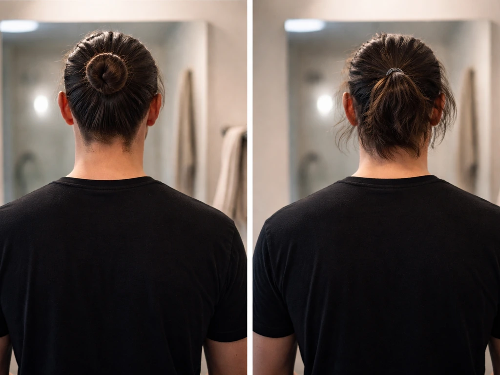 Two-close-man hairstyle comparison: neat man bun vs awkward grow-out length near a bathroom sink.