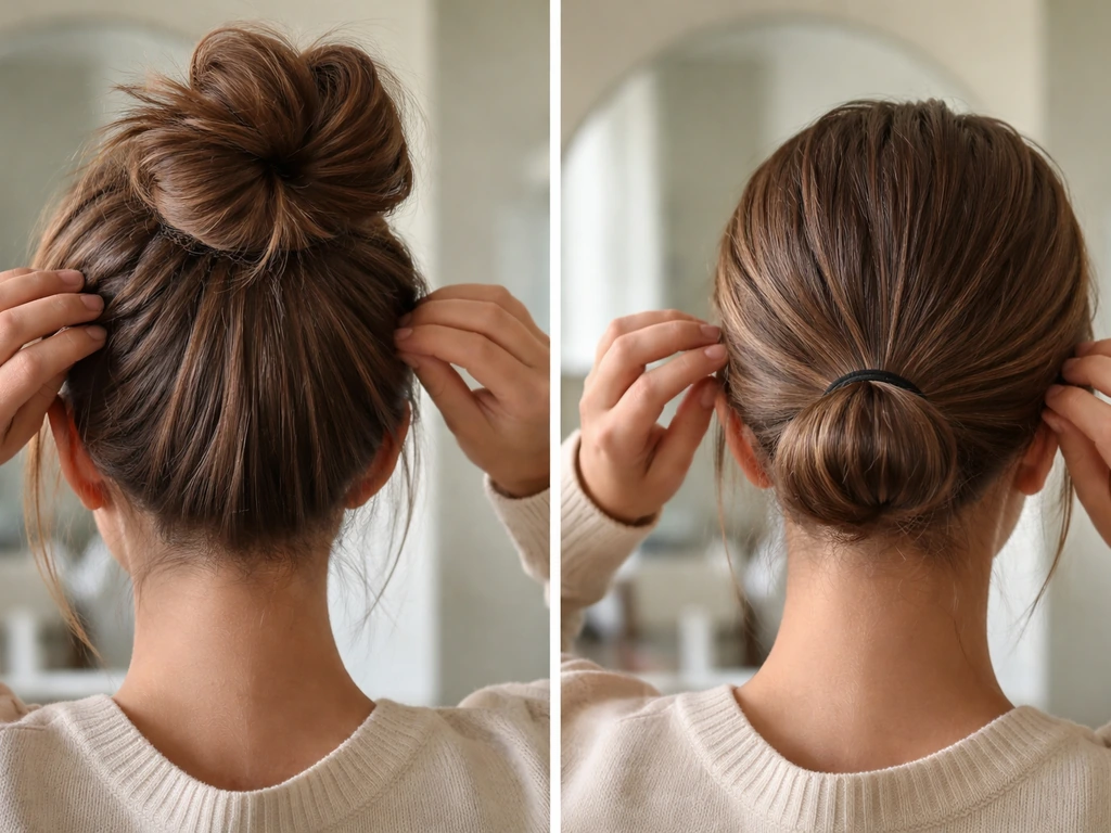 Anonymous person’s hair tied into a high topknot and a lower bun in a simple bathroom setting.