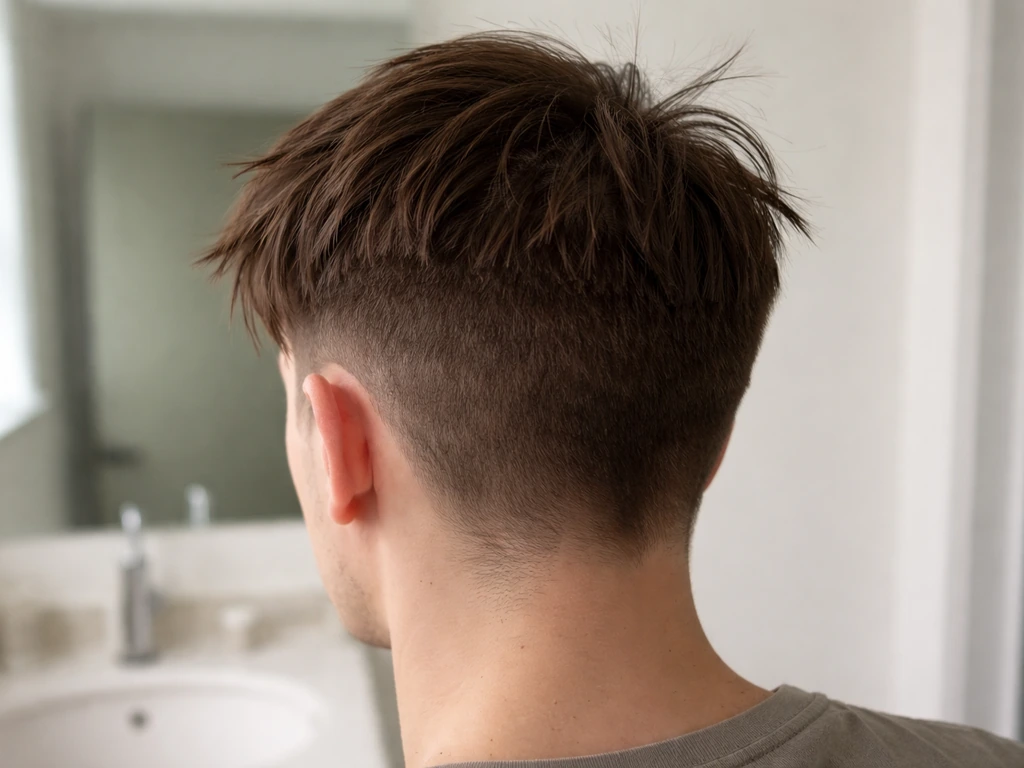 Anonymous person with buzz-short sides and awkward forward/sidways-flopping hair during a grow-out phase.