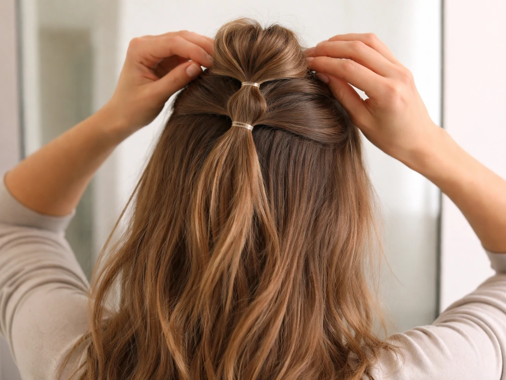 Hands secure a small half-up bun with two hair elastics on short front hair near the crown.