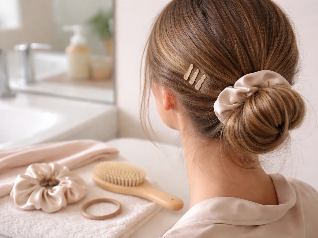 Loose, low-tension bun secured with a scrunchie and protective hair clips on a clean bathroom counter.