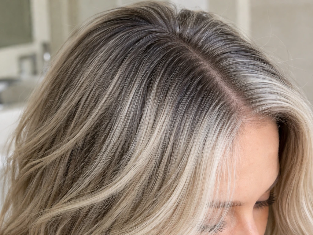 Close-up of gray roots blending into silver highlights, showing a natural grow-out transition.
