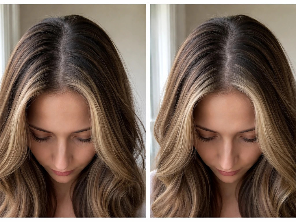 Two-panel photo showing early root gray stripe growing and blending with highlights over time.