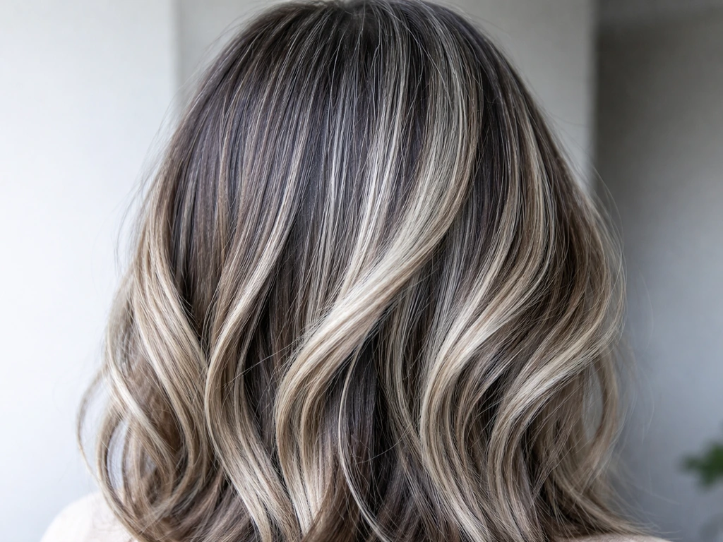 Close-up of hair showing blended gray grow-out with strategically placed cool-toned highlights