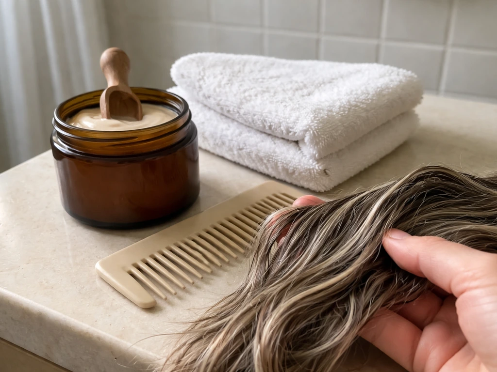 Amber deep conditioner jar on a bathroom counter beside a towel with damp gray-highlighted hair strands.