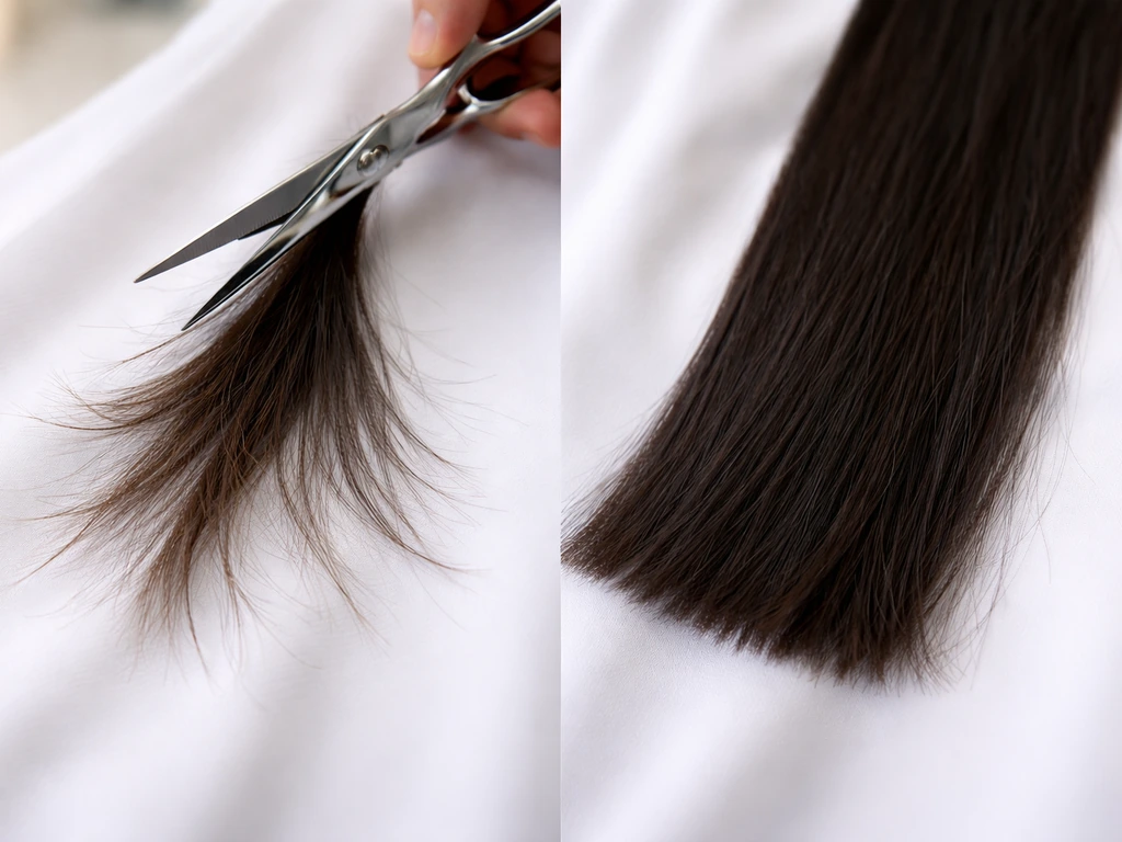 Close-up of scissors trimming a few split ends on hair, with healthy ends visible nearby