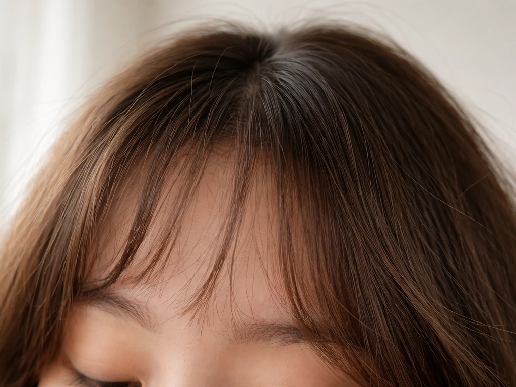 Close-up of awkward grow-out bangs near the forehead, blending into longer hair, natural texture.