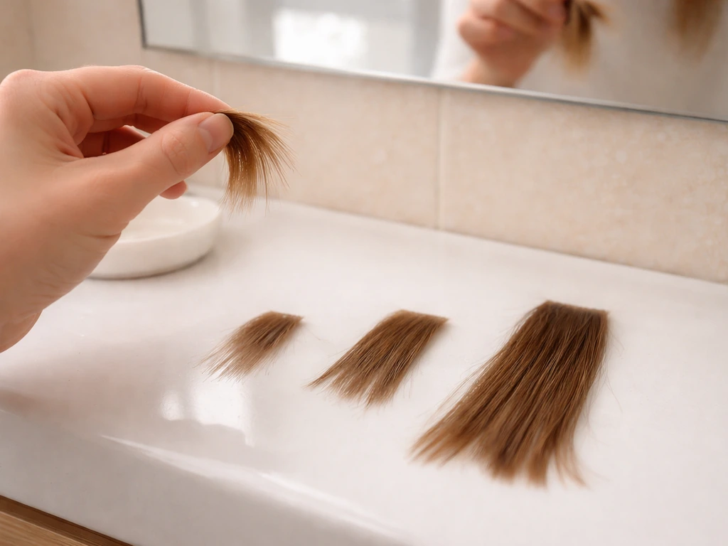 Three side-by-side bang lengths in a bathroom mirror, showing early, awkward, and longer stages