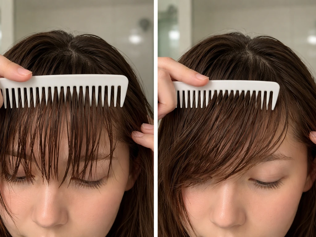 Hands combing damp bangs to the side, showing a smooth blend into surrounding hair layers.