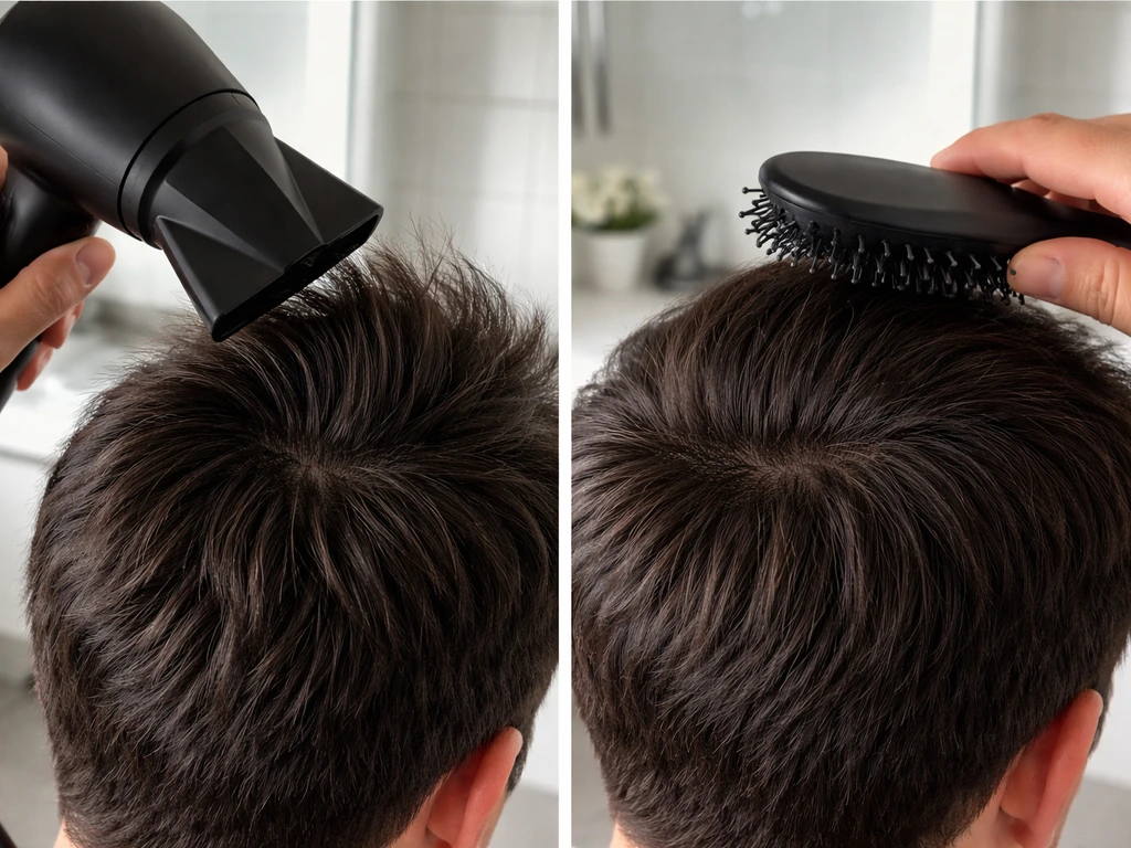 Hair being blow-dried against the grain with a concentrator nozzle, then smoothed with a flat brush at the crown.