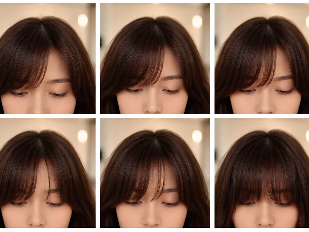 Six small photo panels showing bangs from month 1 to month 6 as length grows and styling becomes harder.