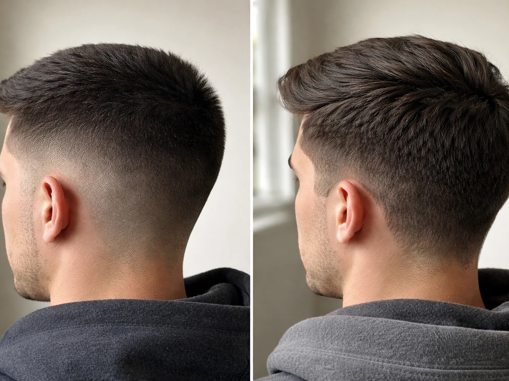 Close-up of two men’s hair from different angles showing short fade sides versus longer top for a side part