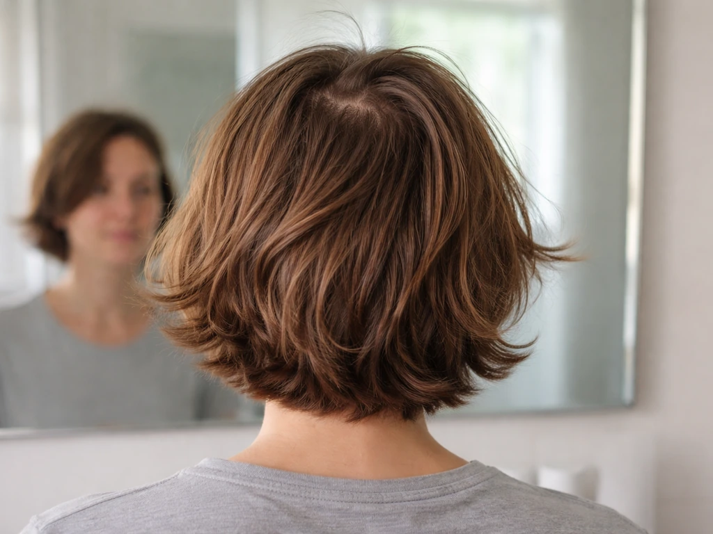 Anonymous person in a bathroom mirror view showing cowlick near the part line and uneven, flippy hair growth.