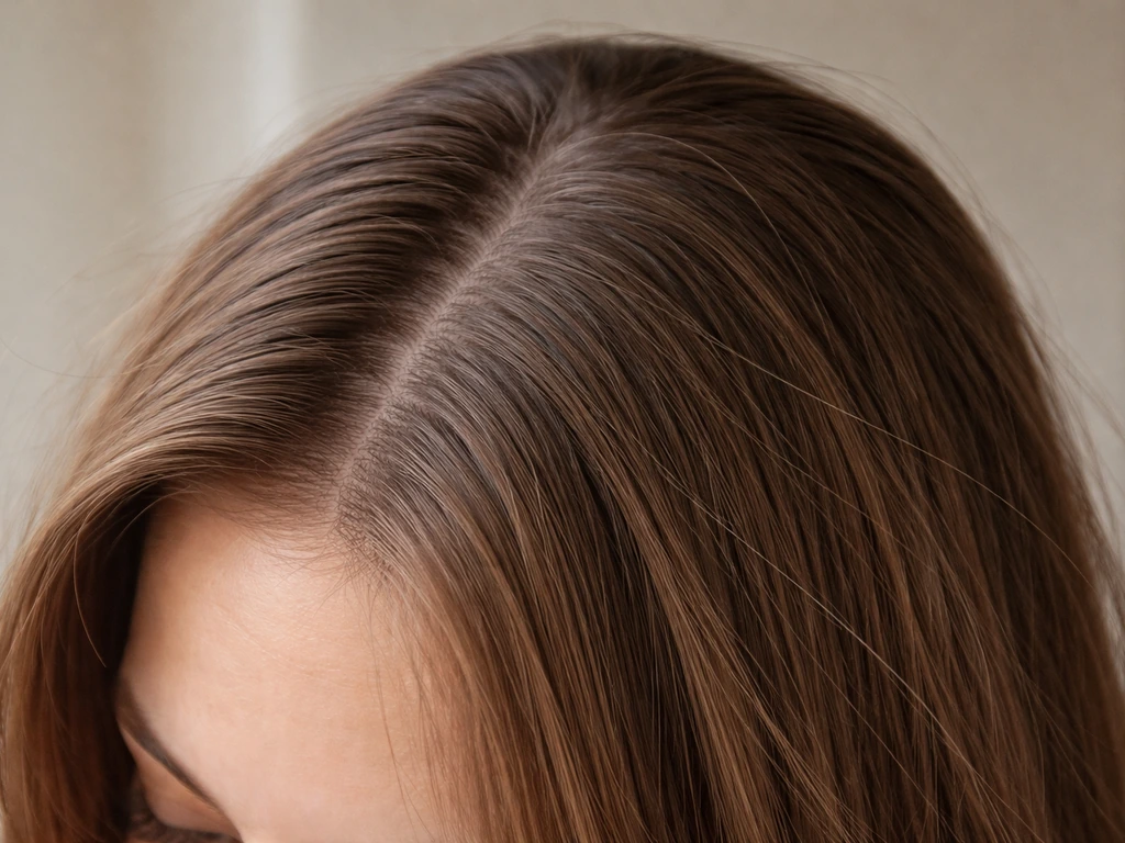 Close-up of hair showing an old side-part ghost line with roots falling in the trained direction.