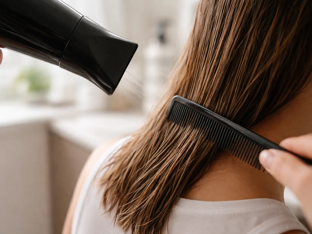 Blow dryer with concentrator nozzle and comb guiding damp hair into a new part direction.
