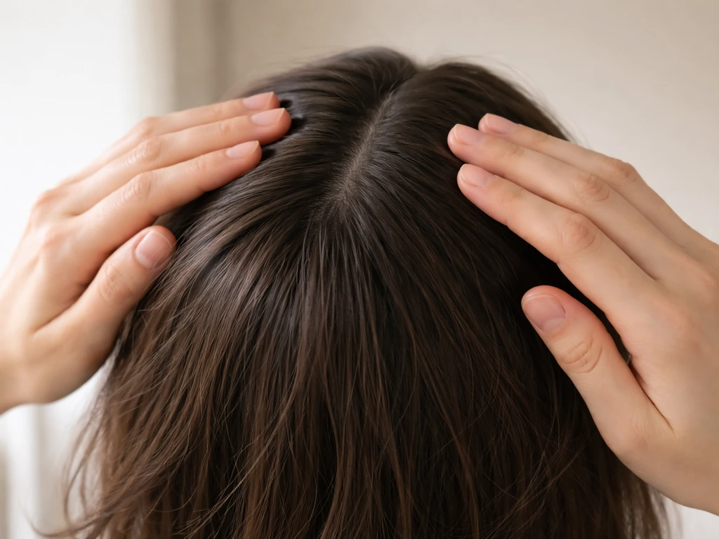 Close-up of hands smoothing frizzy flyaways on awkward grow-out hair, creating a sleek, controlled finish.