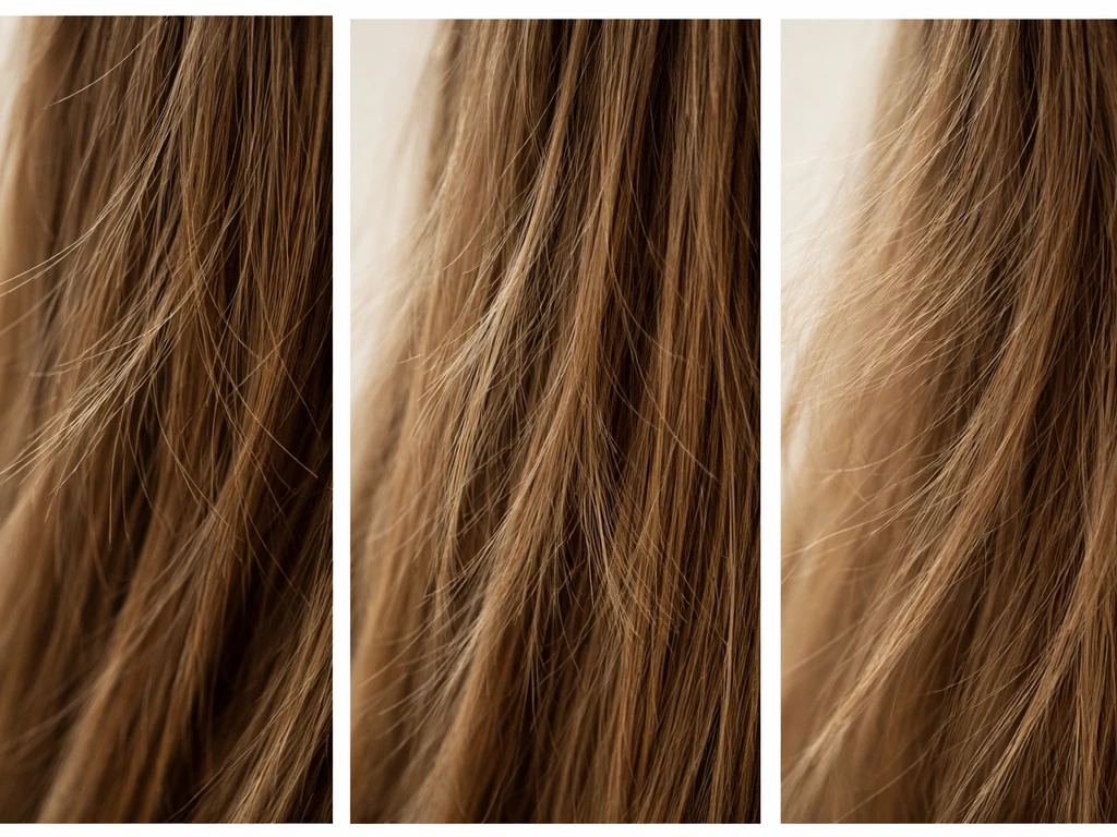 Three-panel close-up of hair showing breakage, heat/chemical dryness, and frizz/static flyaways.