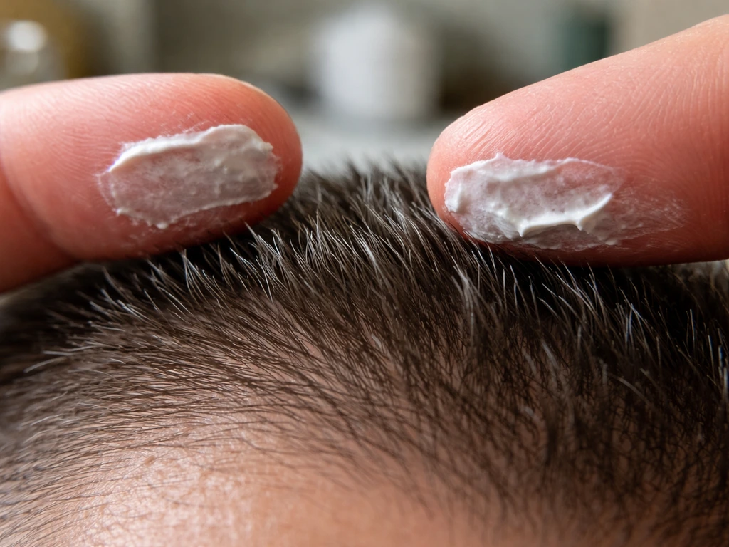 Fingertips press matte hair wax to smooth standing-up broken regrowth hairs.