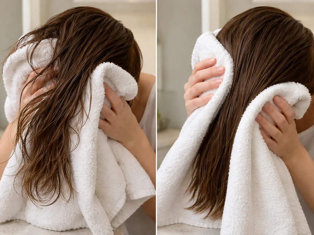 Two close-up hair moments showing gentle towel squeeze versus terry towel scrubbing with less frizz