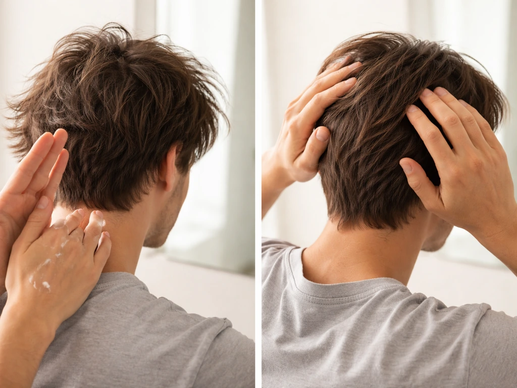 Person styling mid-length hair using a smoothing product to tame messy flyaways