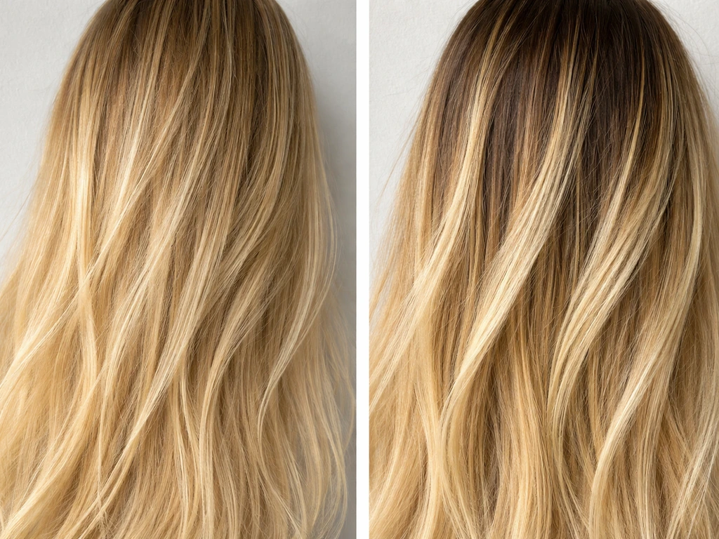 Side-by-side close-up strands showing highlights fading on one side and growing out with visible roots on the other.