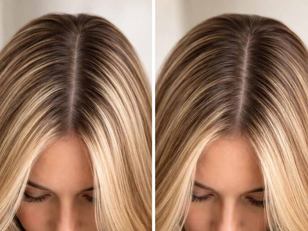 Close-up of a person’s highlighted hair showing early and mid grow-out contrast in soft, even lighting.
