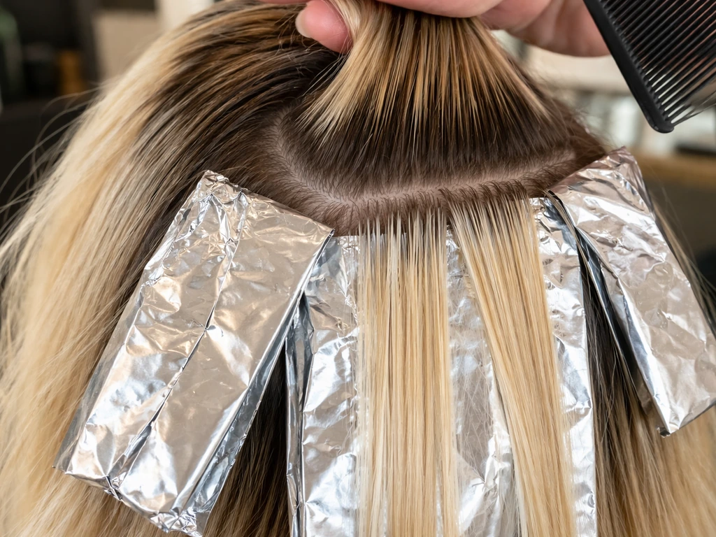 Close-up of hair foil highlights placed near the scalp with distinct root-to-highlight contrast