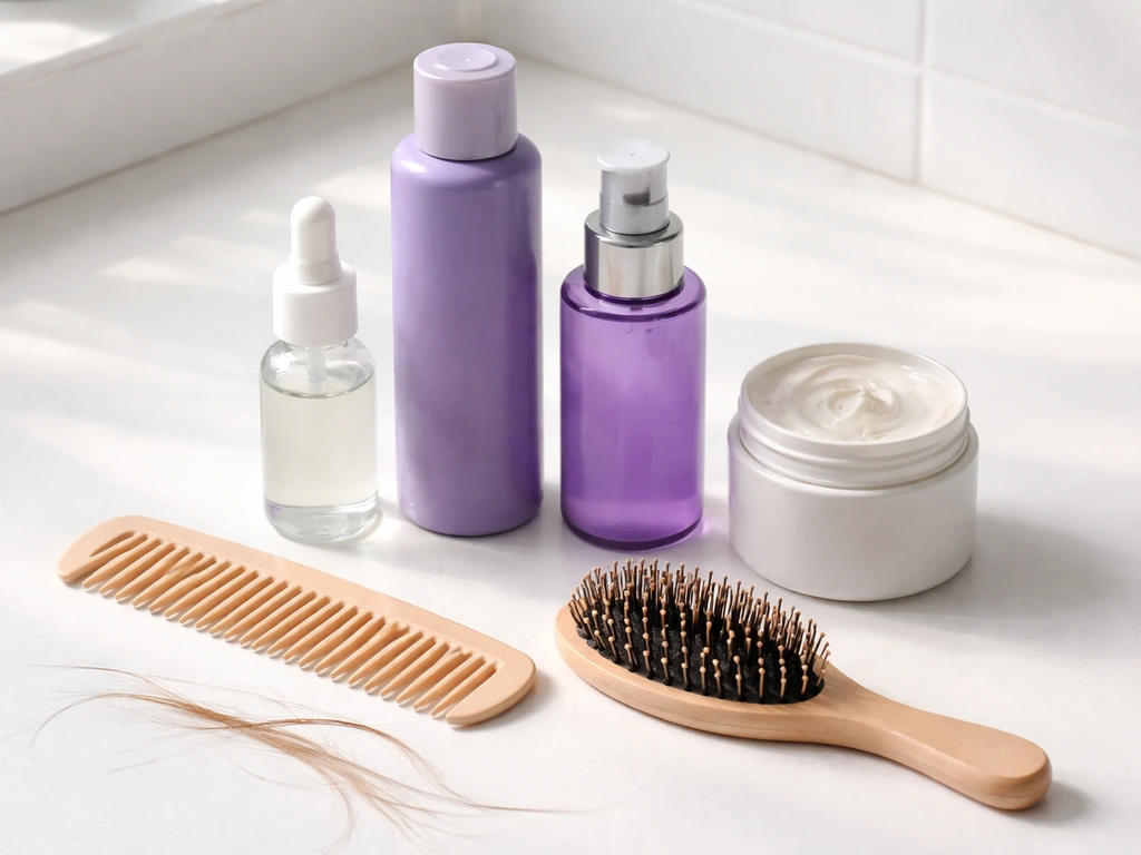 Minimal flat lay of purple toner and root-care products with comb and brush on a clean countertop.