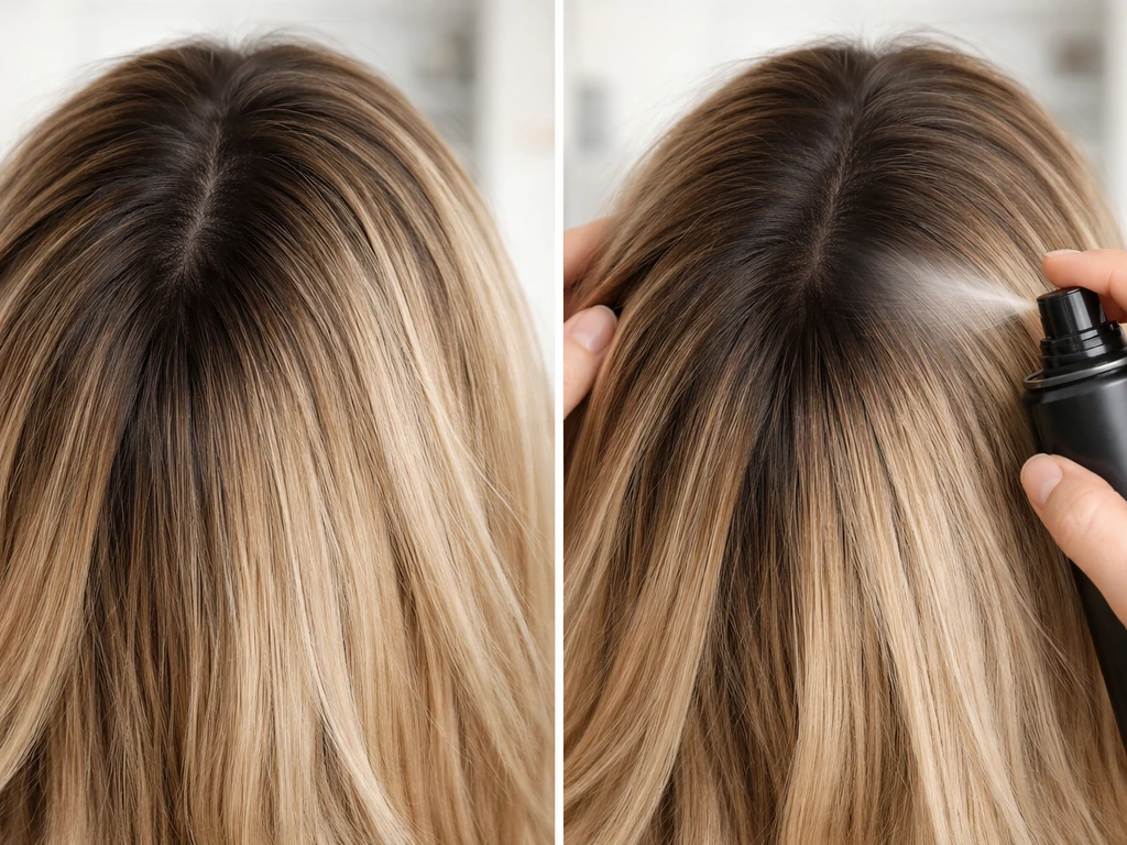 Close-up of hair showing a natural shadow root vs an at-home root-concealing powder/spray blend.