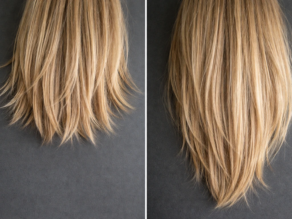 Closeup side-by-side hair sections showing uneven shorter vs longer layered hang lengths.