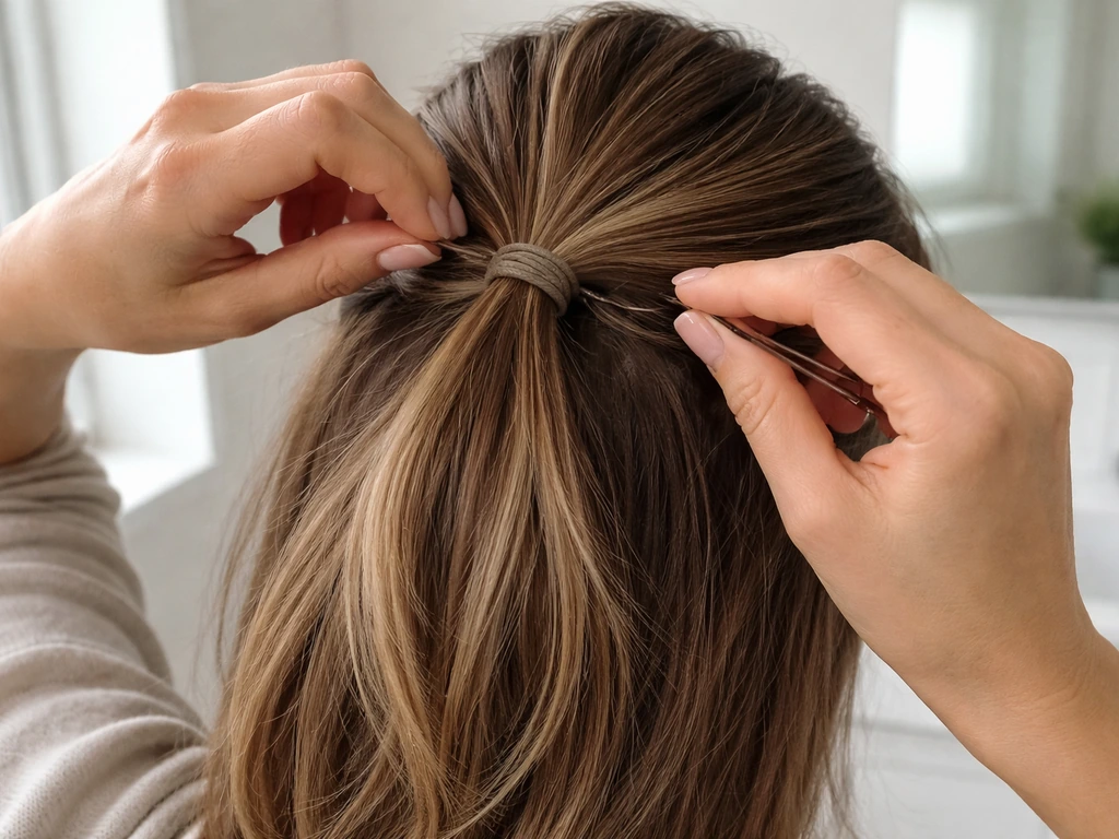 Hands gently pin a blended ponytail/half-up style to pull shorter layers in so lengths match.