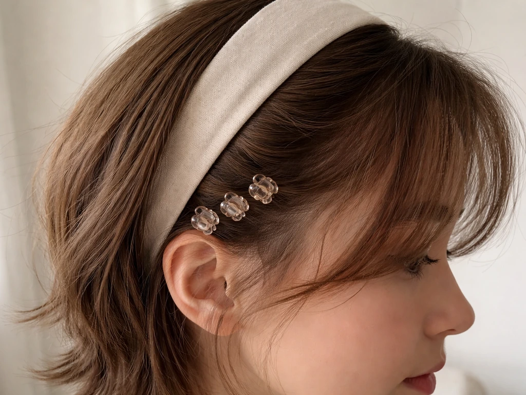 Wide headband and claw clips holding back uneven face-framing hair strands against a simple background.