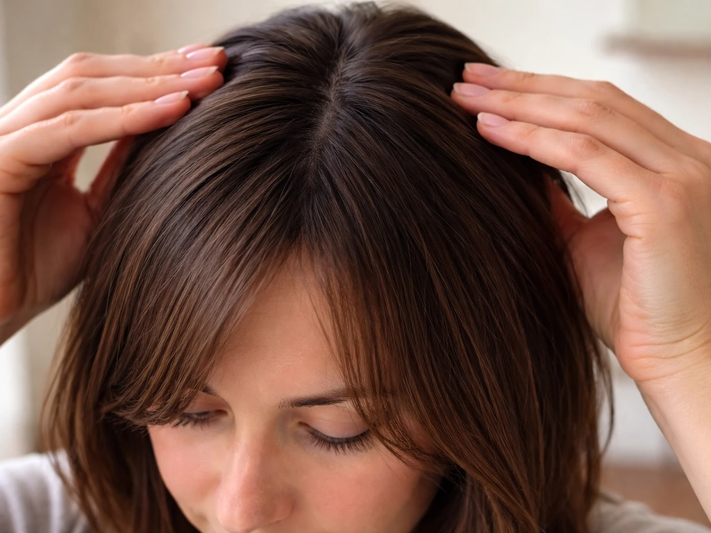 Hands smoothing crown layers of a woman’s hair into a tucked, neat grow-out style