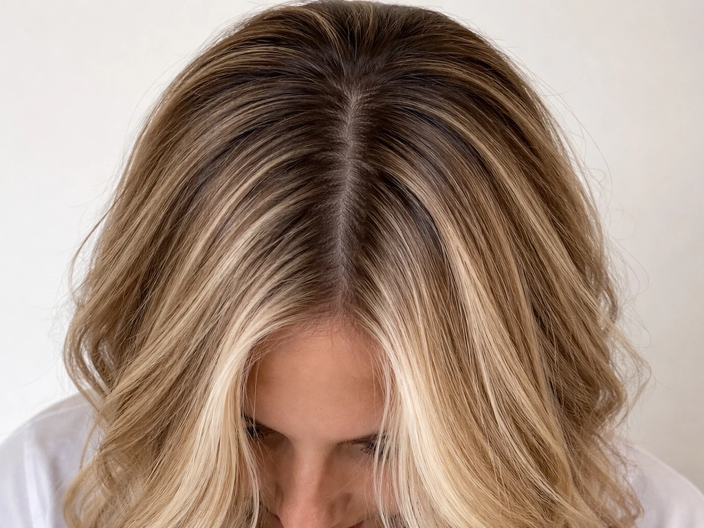 Close-up of highlighted hair showing visible root regrowth blending into lighter lengths, ready for a smooth transition