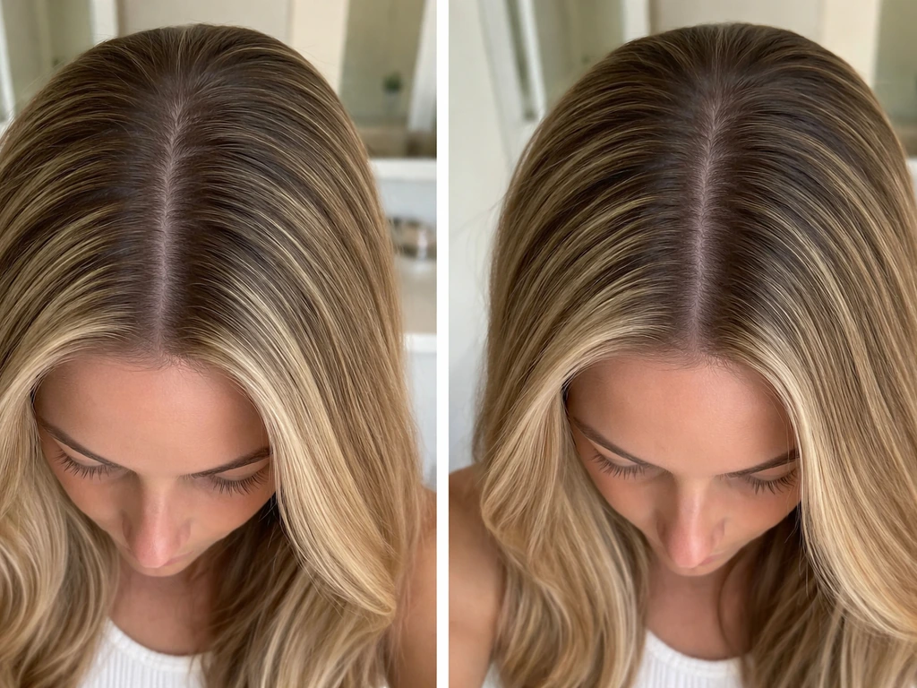 Close-up hair regrowth: shorter contrast at 1 month vs longer highlight line at 3 months.